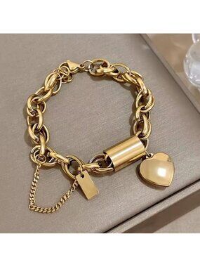 Anthropologie Chunky Gold Chain Bracelet with Heart Lock & Safety Chain